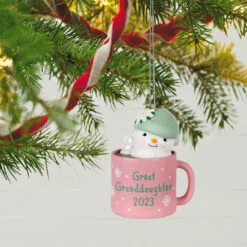 Hallmark Great-Granddaughter Hot Cocoa Mug 2023 Ornament -Hallmark shop GreatGranddaughter Snowman in Mug Keepsake Ornament 1399QGO2559 02