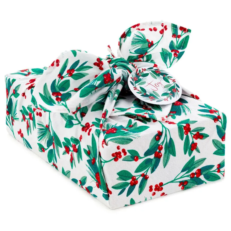 Hallmark 26" Greenery And Berries Christmas Fabric Gift Wrap With Twine And Tag 3 Hallmark 26" Greenery And Berries Christmas Fabric Gift Wrap With Twine And Tag