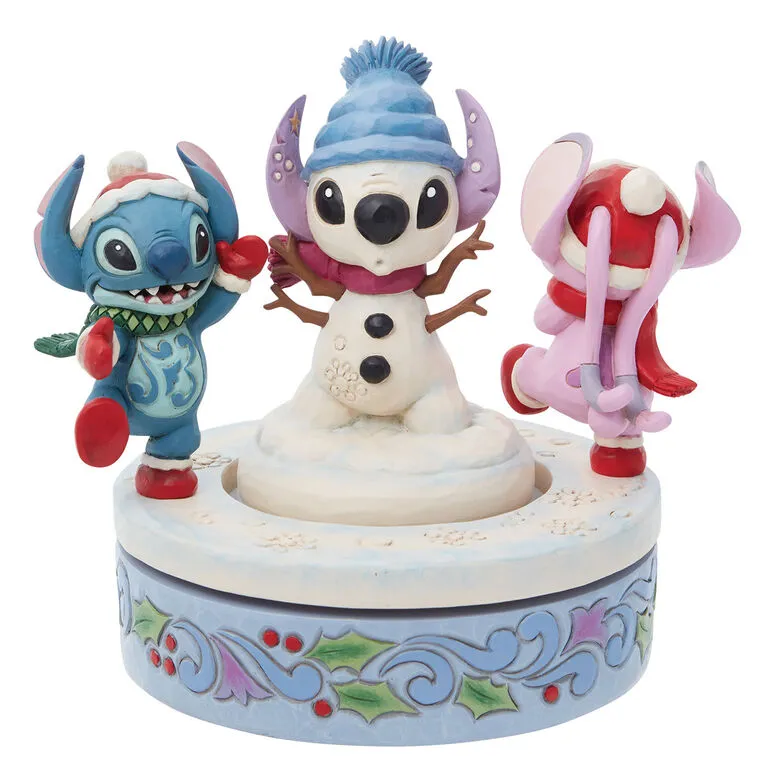 Enesco Jim Shore Disney Stitch And Angel Build A Snowman Rotating Figurine, 6" 3 Enesco Jim Shore Disney Stitch And Angel Build A Snowman Rotating Figurine, 6"