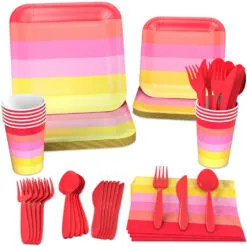 Hallmark Color Pop 96-Piece Tableware Basics Party Kit, Warm Ombré Stripe