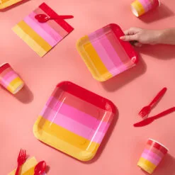 Hallmark Color Pop 96-Piece Tableware Basics Party Kit, Warm Ombré Stripe -Hallmark shop Red and Pink Stripe Party in a Box Party Supplies 5CLP1008 03