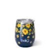 Swig Lazy Daisy Stainless Steel Stemless Wine Glass, 14 Oz. -Hallmark shop Yellow Daisies on Blue Insulated Wine Cup With Lid S102C14LD 01